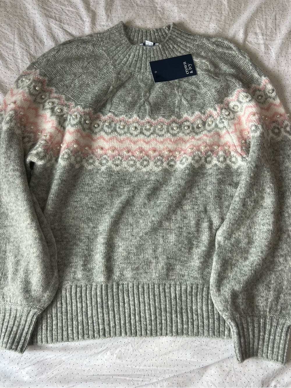 Crown & Ivy Crewneck Sweater - Light Gray with Pink Accents